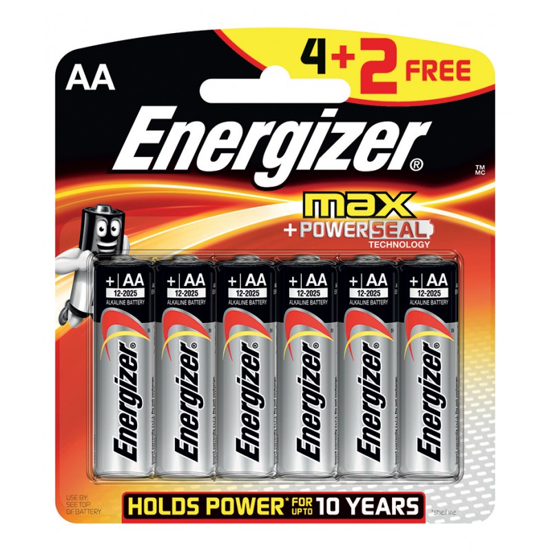 Energizer MAX – E91BP6 AA Batteries 1.5v AA LR6 (4 Pack - 2 Free)