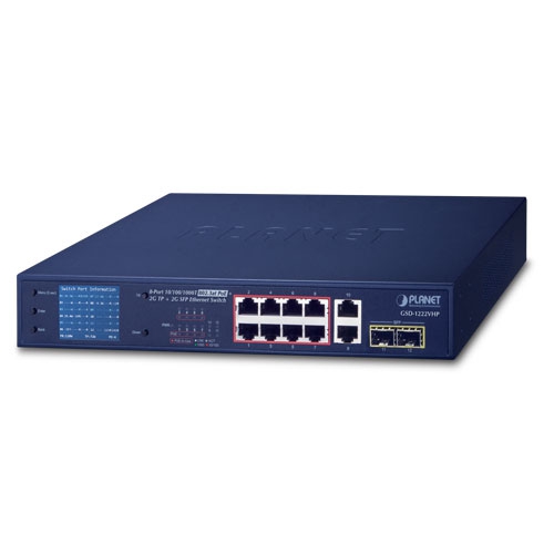 Planet 8-Port 10/100/1000T 802.3at PoE + 2-Port 10/100/1000T + 2-Port 1000X SFP Ethernet Switch with PoE LCD Monitor