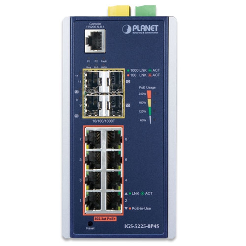 Planet (IGS-5225-8P4S) L2+ Industrial 8-Port 10/100/1000T 802.3at PoE + 4-Port 100/1000X SFP Managed Ethernet Switch