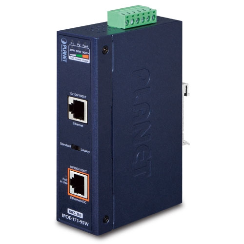 Planet (IPOE-171-95W) Industrial Single-Port 10/100/1000Mbps 802.3bt PoE++ Injector (95 Watts, -40~75 degrees C, 12~48V DC)