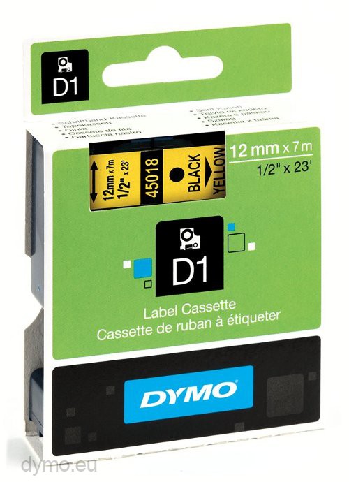 Dymo S0720580 D1 45018 Tape 12mm x 7m Black on Yellow