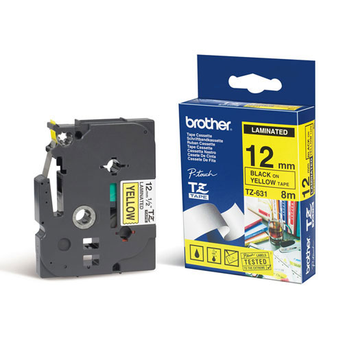 Brother TZ-631 - 12mm Black on Yellow Laminated Tape